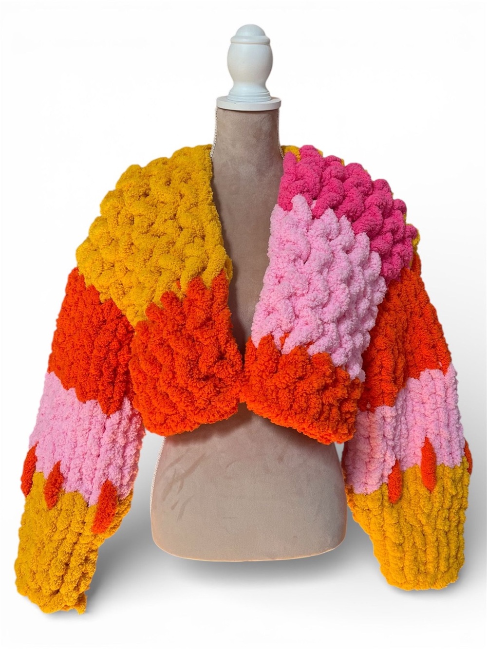 Chunky Colorblock Bouclé Cropped Cardigan - Pink/Orange/Yellow
